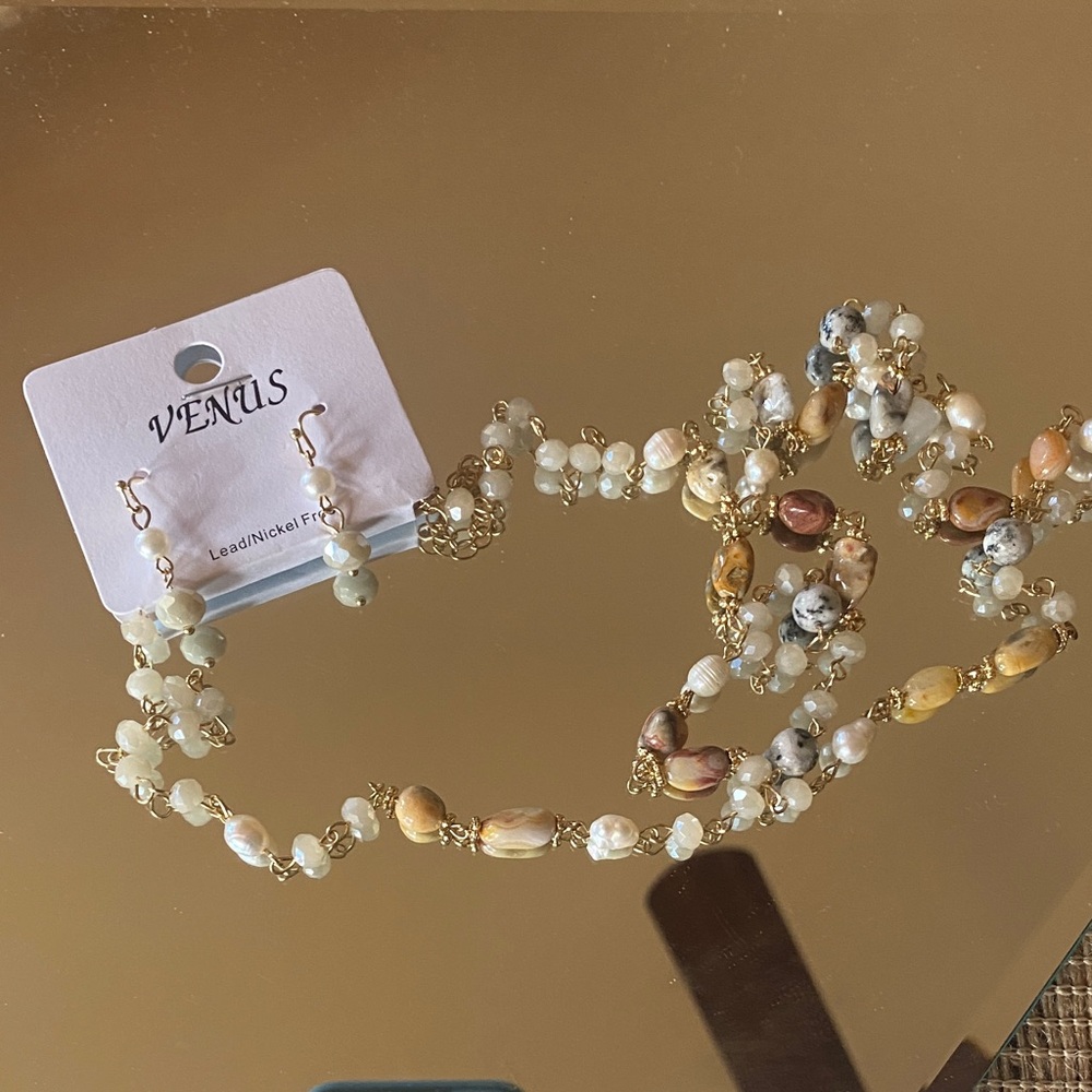 VENUS Gold-Tone Beaded Necklace  Cream, White, Tan and Brown Accents